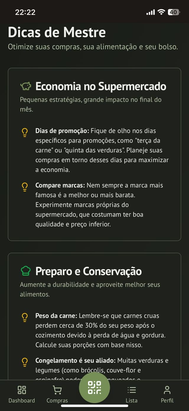 Página de Dicas do app